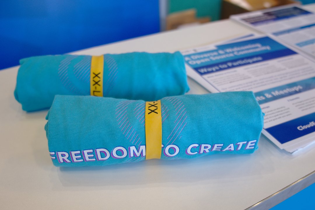 A t-shirt from the Cloudfoundry booth that reads 'Freedom to create'